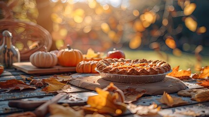 Cozy autumn picnic with pumpkin pie, pumpkins, and colorful leaves on a rustic table, warm sunlight creating a picturesque fall scene.