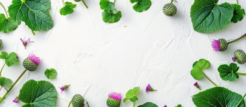 Top view of vibrant green burdock leaves and flowers on a white background suitable for adding text with copy space image