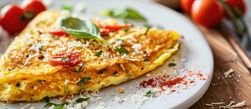 Close up image of a gourmet omelet garnished with cheese on a white plate with copy space image