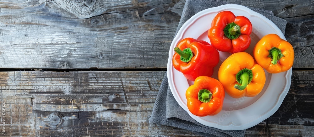 Aufkleber fresh orange peppers arranged on a white plate over a wooden surface with copy space image they are 