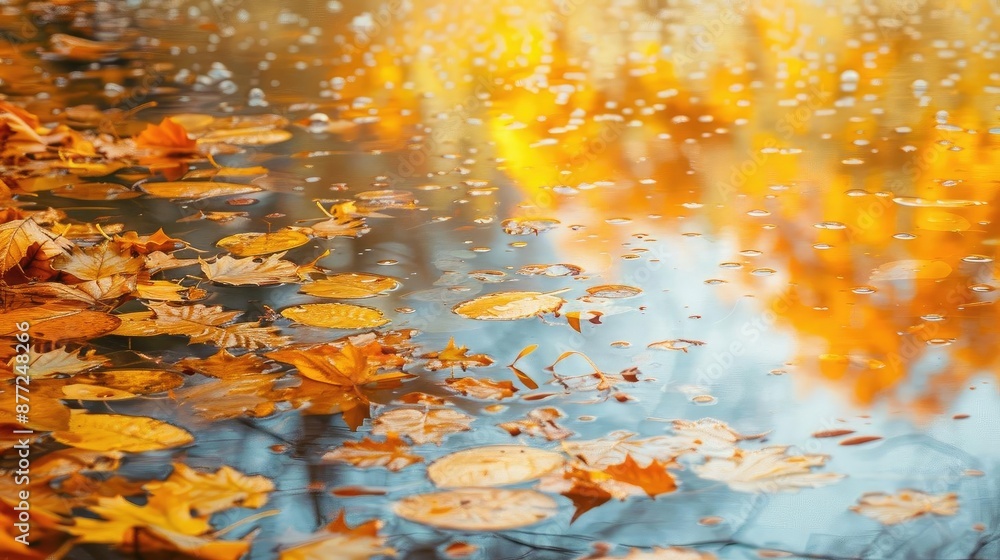 Poster autumn leaves floating on a serene water surface, reflecting vibrant fall colors and creating a tran