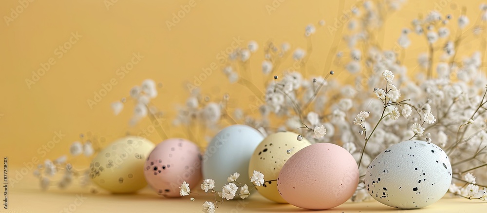Poster attractive easter display with colored eggs gypsophila and copy space image perfect for festive gree