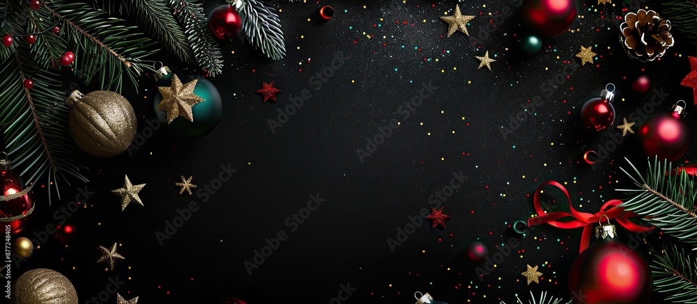 Poster a stunning christmas themed design featuring a black background with a christmas tree branch ornamen
