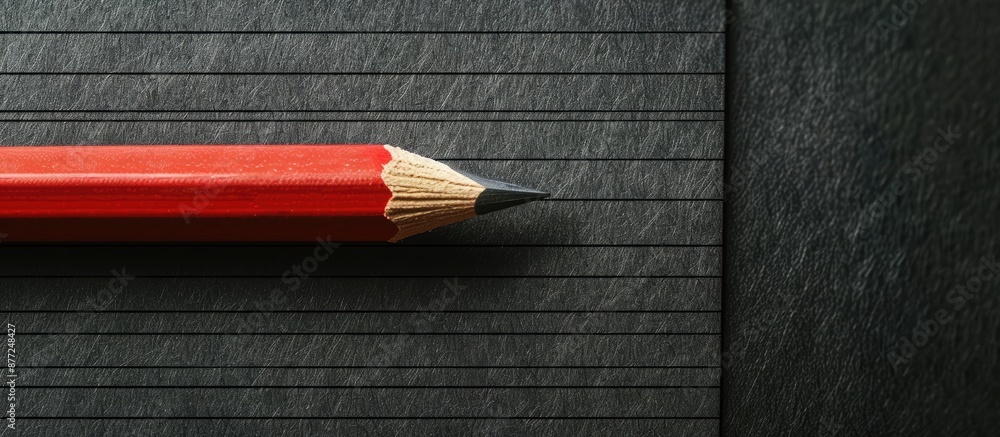 Poster Red colored pencil with a black body is placed on lined paper against a black felt background with space for text or images. with copy space image. Place for adding text or design