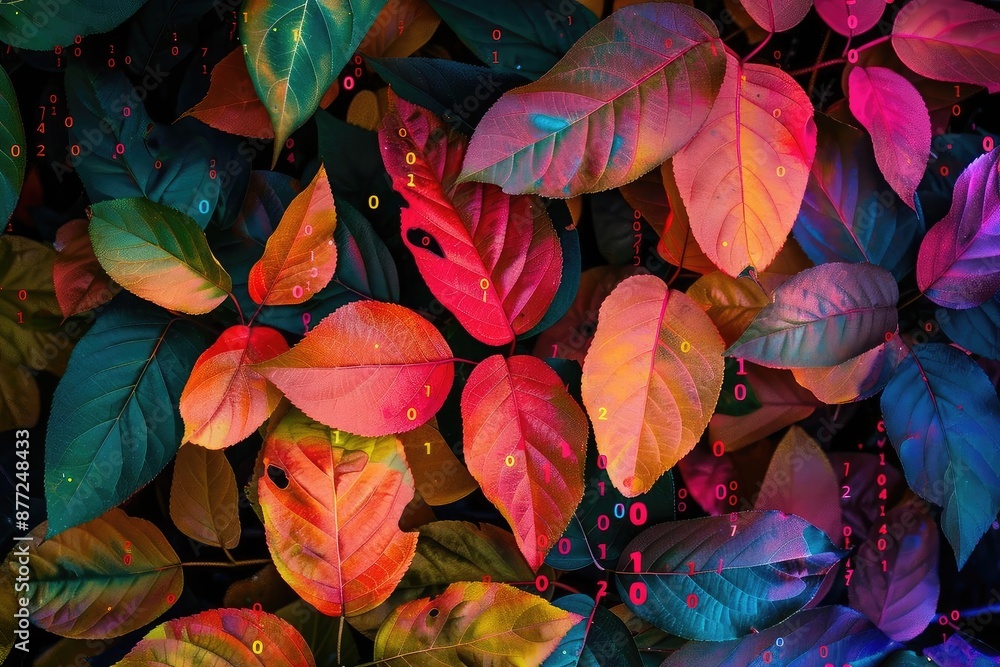 Poster vibrant abstract leaves in multicolor with illuminated patterns, creating a striking visual effect i