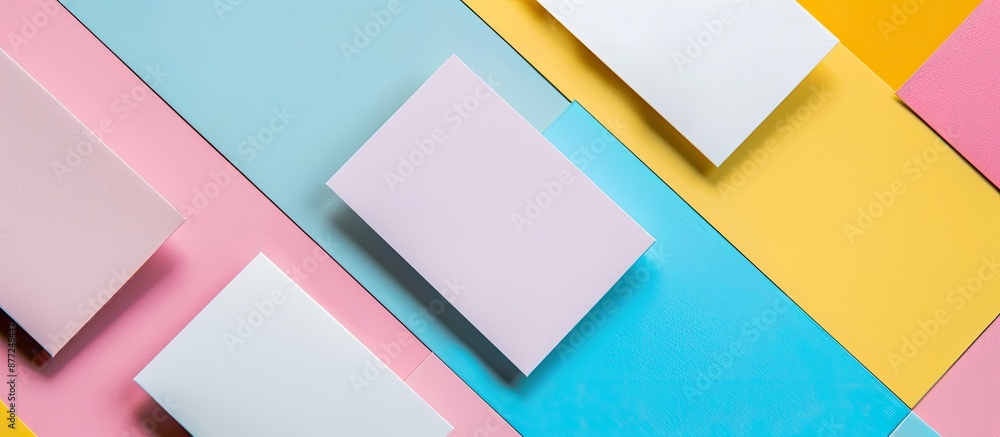 Poster Blank business cards lay flat on a colorful background in a mockup image with ample copy space for text