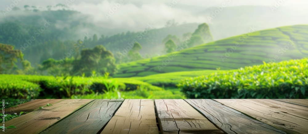 Aufkleber wooden table top featuring a blurred background of green tea fields and grass exuding a fresh and re
