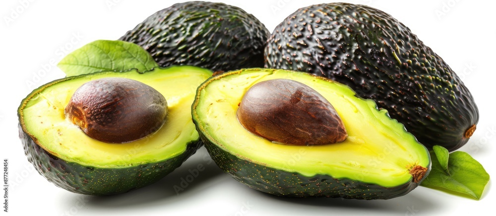 Poster avocado halved showing its freshness on a clean white backdrop with copy space image
