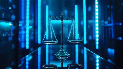 Close-Up of Justice Scales Reflecting on Surface in Blue Neon Data Center - Legal Balance and Law Concept