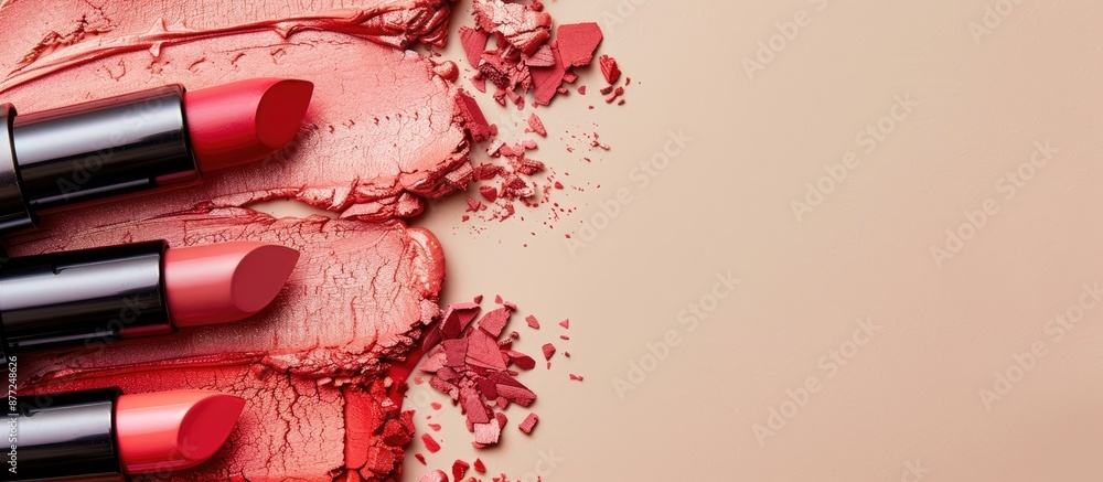 Poster top view of lovely lipsticks smudges on a beige backdrop with a copy space image