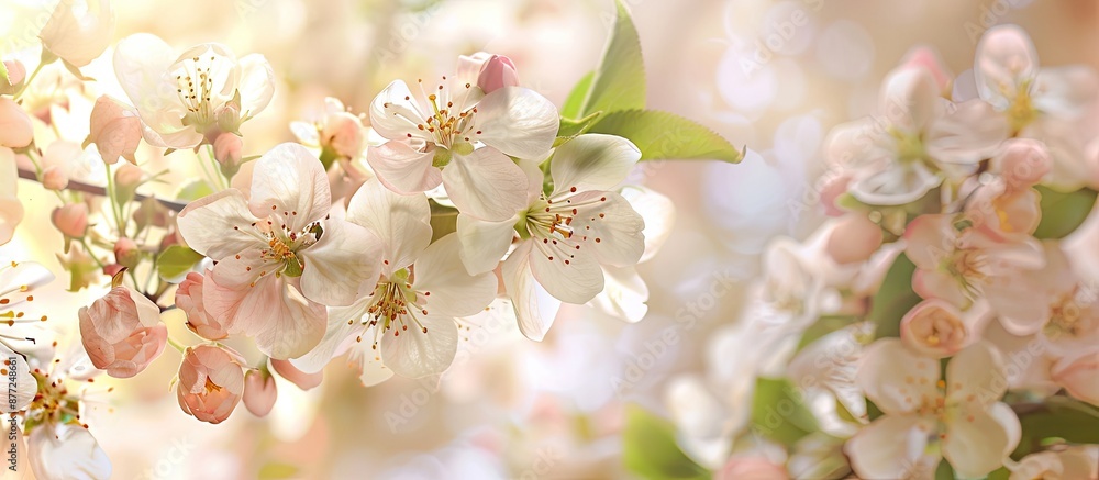 Poster spring flowers blooming on an apple blossom tree backdrop with copy space image available