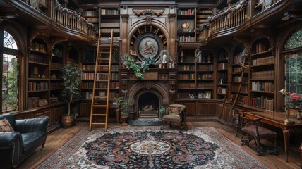 Obraz premium An antique library with floor-to-ceiling bookshelves, a rolling ladder, and a grand fireplace