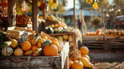 Autumn farmers market with pumpkins and gourds on wooden tables, showcasing a rustic and cozy fall atmosphere.