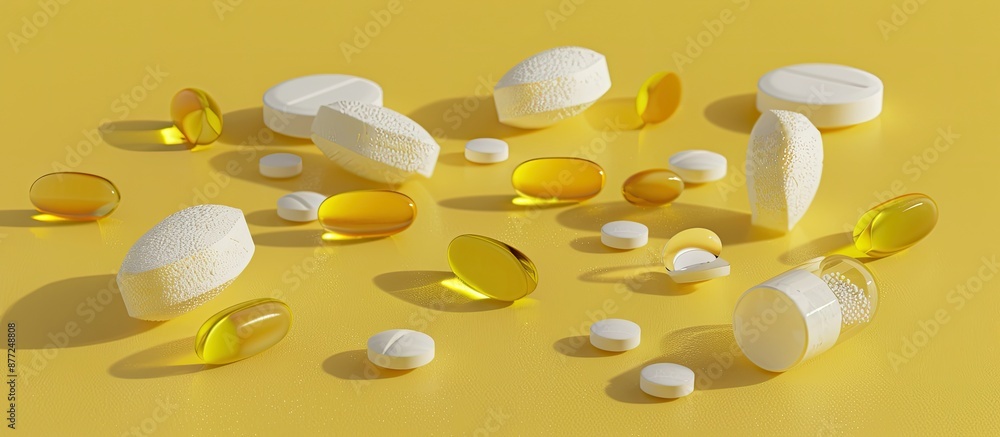 Poster Assorted pills in different shapes and colors including transparent yellow and large white ones positioned on a blank background ideal for a copy space image