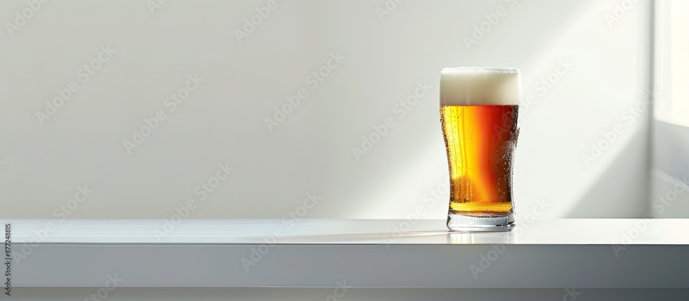 Poster A glass of beer resting on a clear white table with a blank area for an image. with copy space image. Place for adding text or design