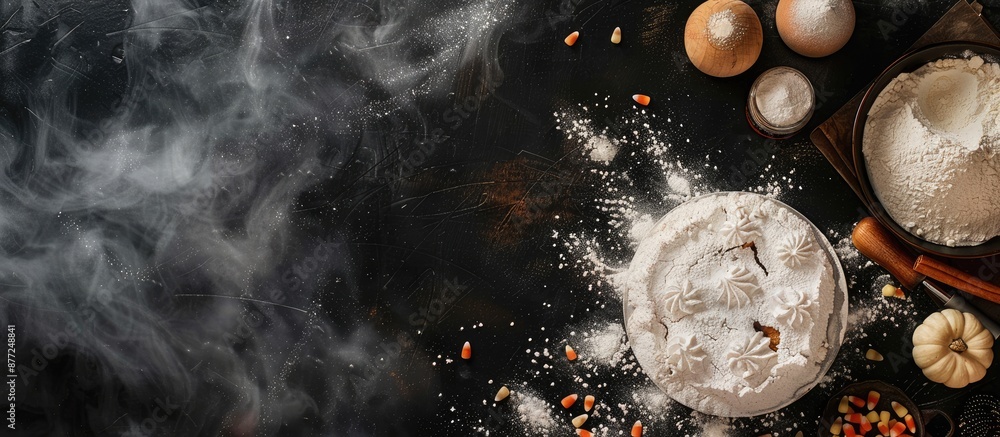 Poster baking a halloween cake at home using ingredients and flour on a dark background leaving copy space 