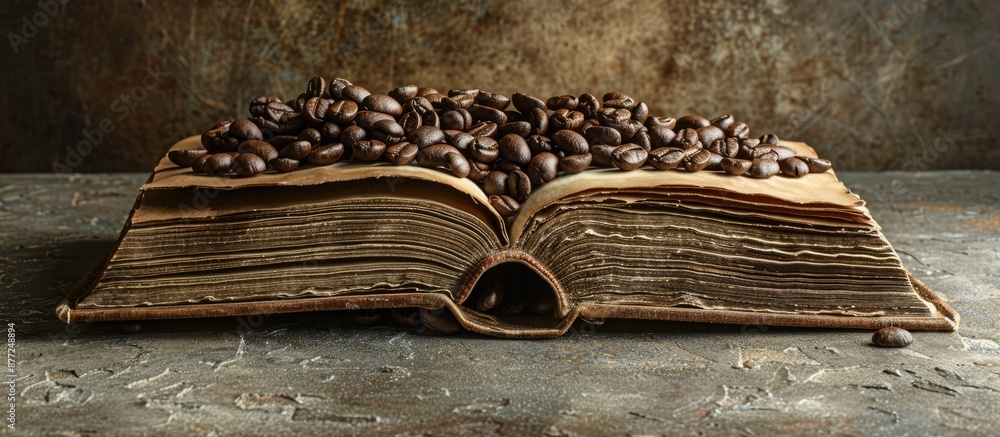 Leinwandbilder An old vintage open book serves as a rustic backdrop for a display of roasted coffee beans with space for text or design elements in the image. with copy space image. Place for adding text or design