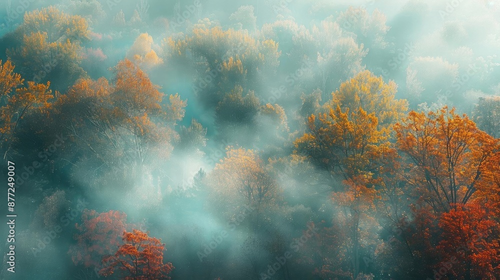 Poster misty forest landscape with colorful autumn trees and dense fog, creating a dreamy, serene atmospher