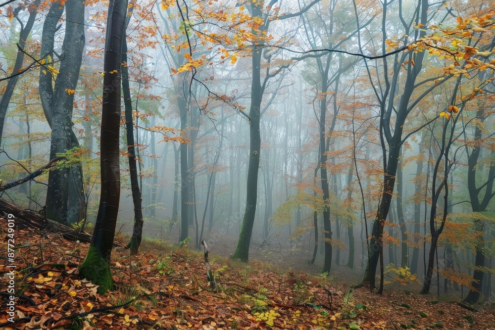 Poster misty autumn forest with colorful foliage, creating a tranquil, serene atmosphere amidst tall trees 