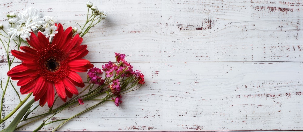 Poster A spring flower on a white wooden backdrop with a Mother s Day theme and copy space image for your text