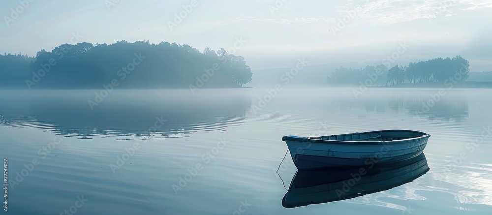 Poster a serene lake with a small boat against a backdrop of a tranquil morning in summer perfect for a cop