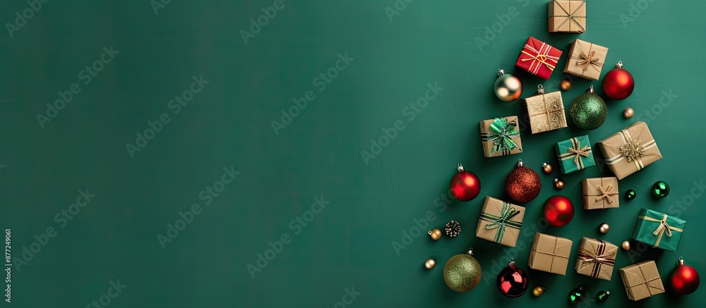 Aufkleber a festive christmas tree crafted from gift boxes and ornaments on a green backdrop with a copy space