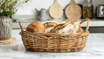 Wooden bread basket with freshly baked loaves on white marble table in kitchen