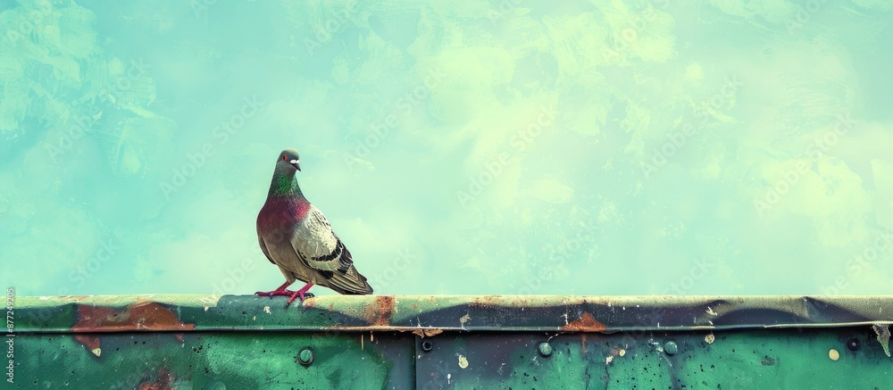 Aufkleber a feral pigeon perched on a green roof with a blue sky background symbolizing peace and freedom with