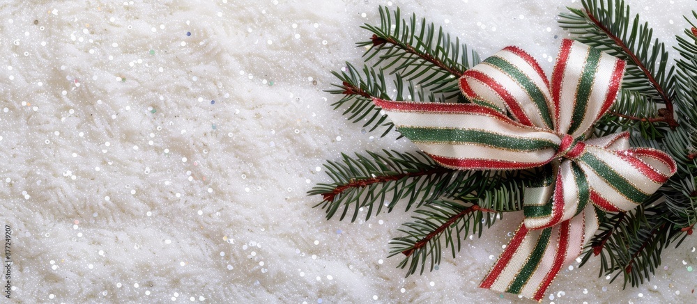 Aufkleber festive silk ribbon with white red and green stripes in a bow atop snowy glitter backdrop with fir t