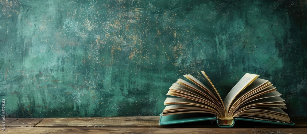 Poster Educational background with an open book and hardcover books on a wooden table ideal for a back to school theme featuring copy space for text and images