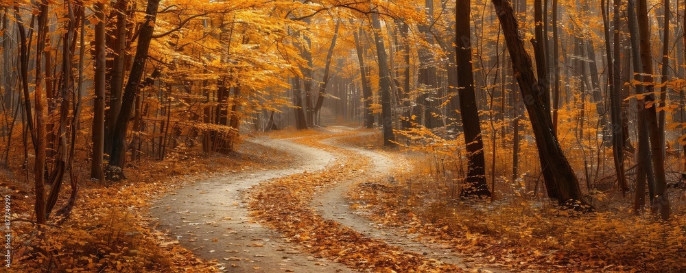 Poster a winding path through a forest vibrant with autumn colors, showcasing golden and orange leaves unde
