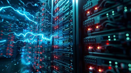 Dynamic Electric Bolts Radiating from Server Hub, Capturing Intense Data Processing Energy