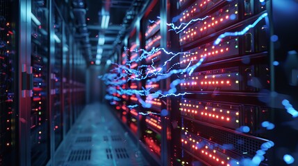 Dynamic Electric Bolts Radiating from Server Hub, Capturing Intense Data Processing Energy