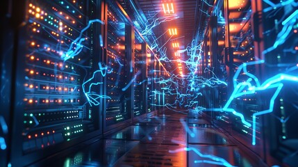 Dynamic Electric Bolts Radiating from Server Hub, Capturing Intense Data Processing Energy