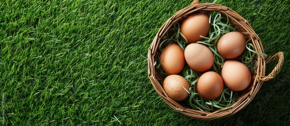 Aufkleber wooden basket filled with eggs rests on lush green grass providing ample copy space for text in the 