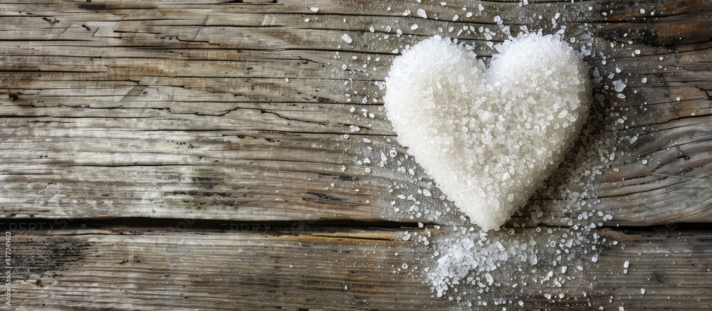 Poster heart shaped sugar decoration displayed on a weathered wooden surface with copy space image