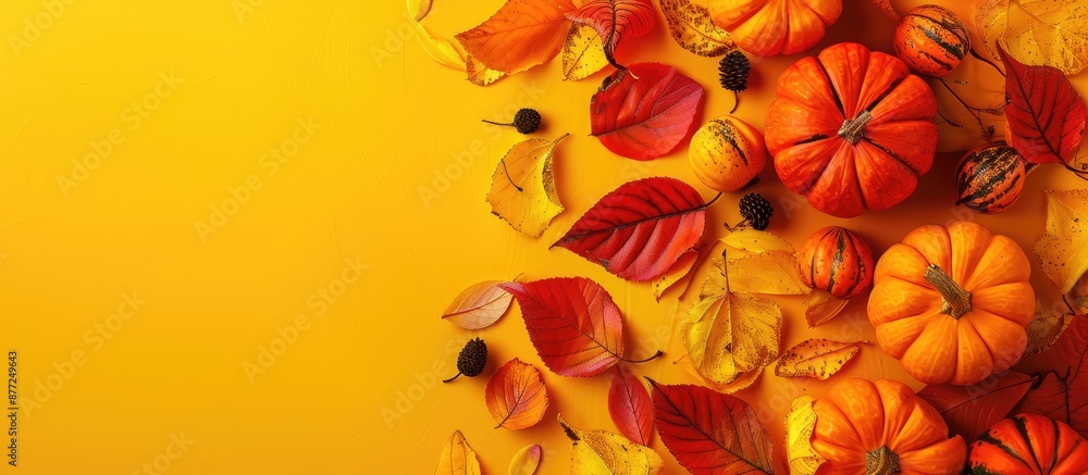 Aufkleber Close up autumn horizontal photography displaying vibrant tree leaves and pumpkins on a yellow background ideal for fall designs with a copy space image