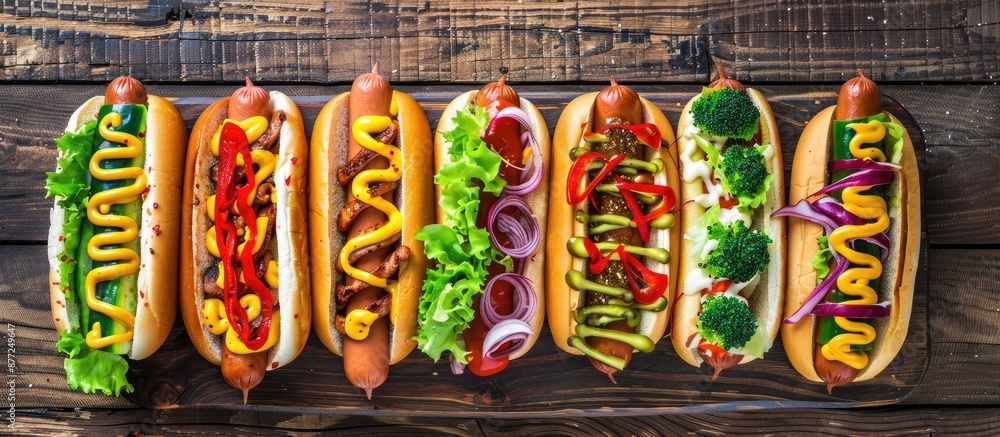 Aufkleber a variety of hot dogs topped with veggies lettuce and sauces on a wooden surface top down view with 