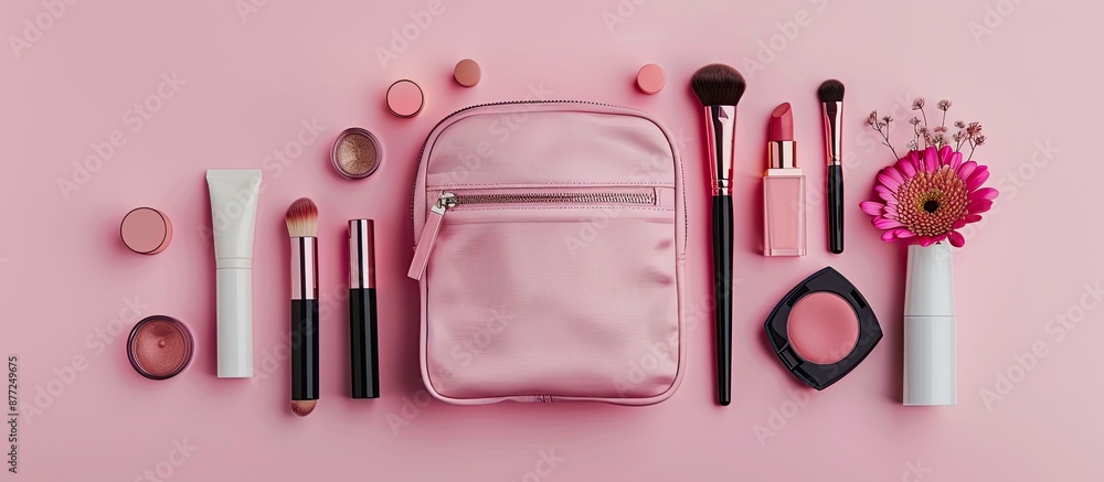 Poster makeup products neatly arranged in a cosmetic bag set against a pink backdrop with copy space image