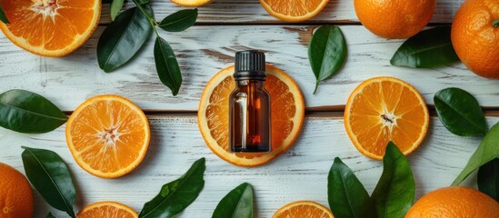 Orange Essential Oil on Rustic Wood Background