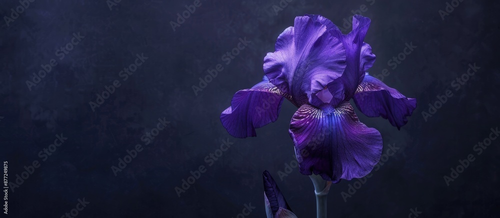 Poster close up of a purple iris flower against a dark backdrop creating a summer themed image with copy sp