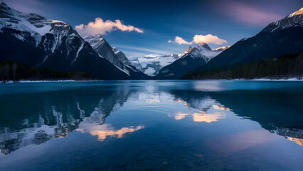 Fototapeta premium Tranquil Reflection Snow Capped Peaks Kissed by Alpine Serenity
