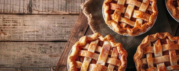 Delicious homemade apple pies with lattice crust on a rustic wooden table, perfect for holidays and cozy gatherings.