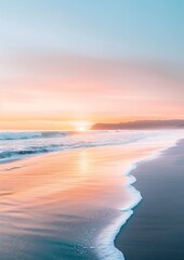 Obraz premium Serene Sunrise Over Tranquil Beach With Gentle Waves And Soft Pastel Sky