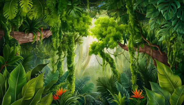 Nature background, abstract white frame in tropical leaves .Rainforest jungle wildlife animals