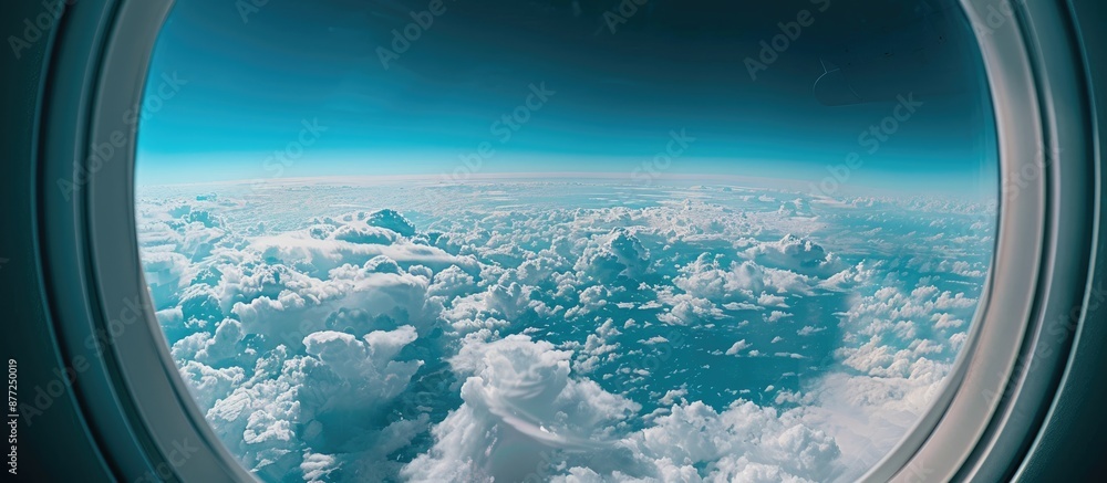 Poster view of a cloud and blue sky through an airplane window with copy space image