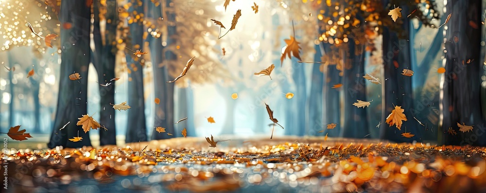 Poster Beautiful autumn forest with falling leaves, sunlight filtering through trees, and a path covered in golden foliage.