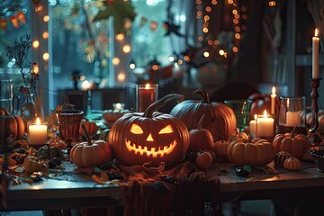 Cozy Halloween table setting with glowing Jack-o'-lanterns, candles, and autumn decorations, creating a festive and spooky atmosphere.