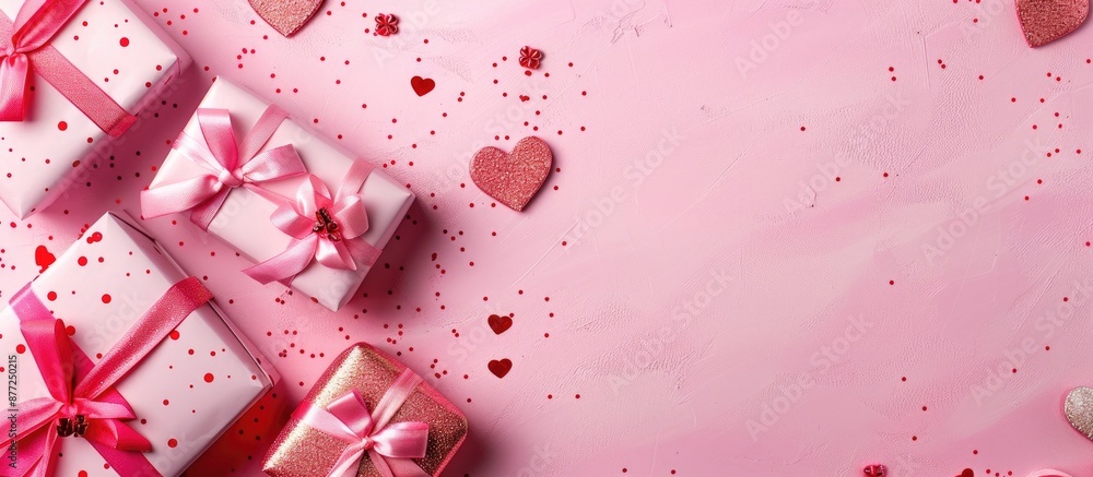 Poster valentine s day gift boxes frame on pink backdrop with copy space image