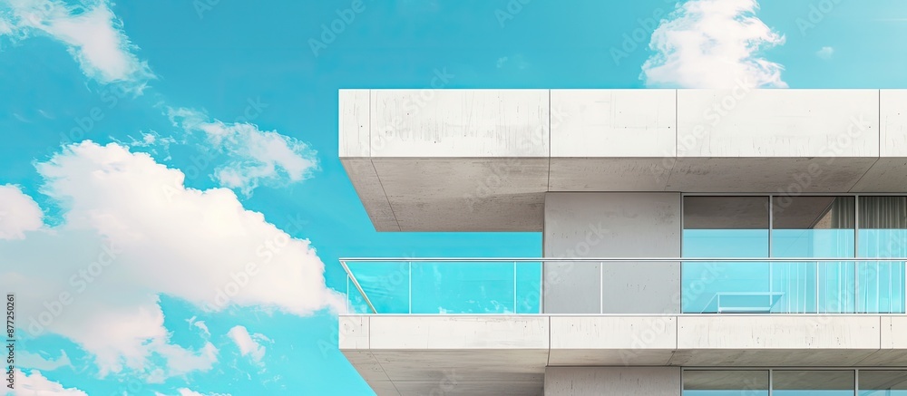 Poster Minimalist building facade with a balcony set against the sky creating a serene backdrop for a copy space image